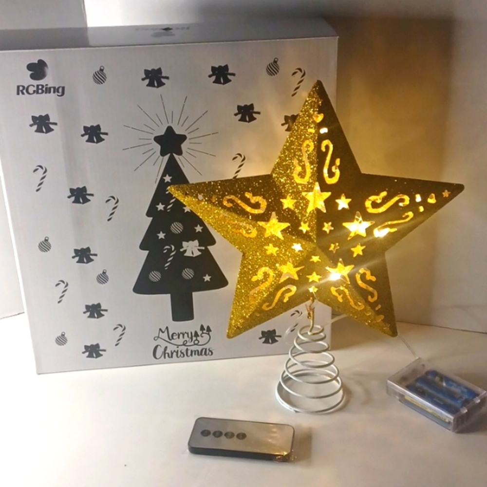 NIB LED Tree Topper Gold Star with Remote Control Christmas